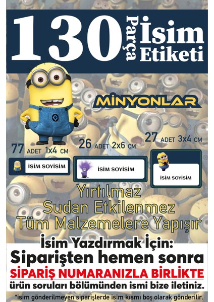 Okul Etiketi Kalem Defter Etiketi Minyonlar Özel Isim Yazılabilen Etiket - 130 Adet