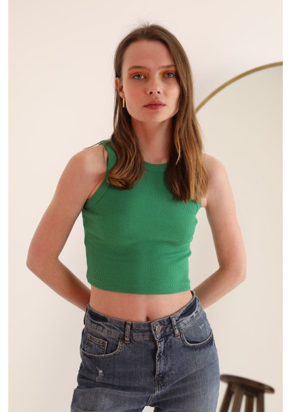 Kaşkorse Kumaş Bisiklet Yaka Kadın Crop Bluz