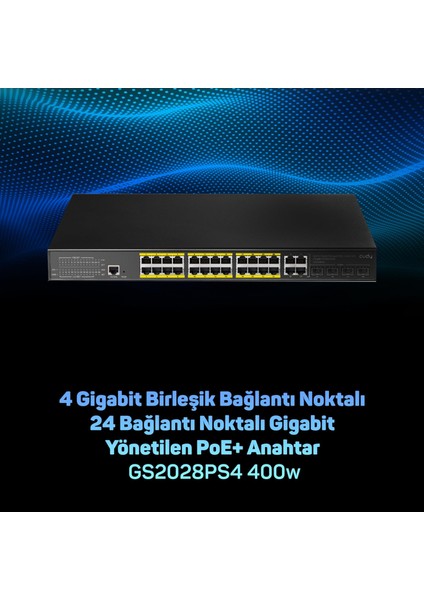 GS2028PS4 4combo,1konson,24 Port Gigabit 400W Poe Yönetilebilir Metal Rack Mount Switch