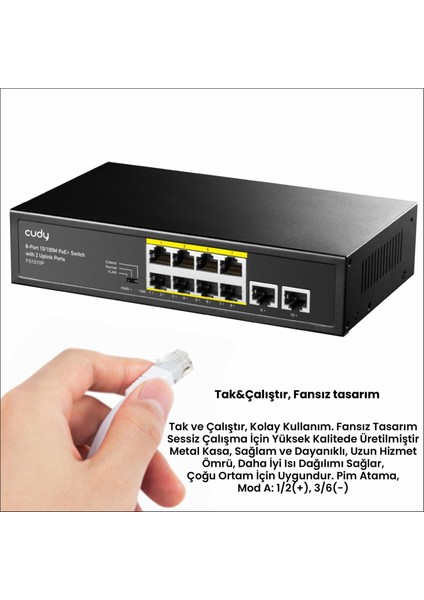 FS1010P 8 Port 10/100MBPS 120W Poe+, 2 Uplink Portlu Vlan Cctv Rack Mount Metal Switch