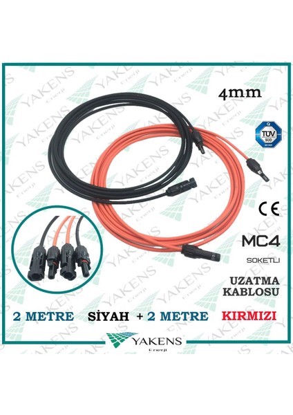 Yakens Enerji Güneş Paneli Uzatma Kablosu (2m+2m) 4 mm Çift Taraflı Mc4 Soketli Solar Ara Kablo Siyah Kırmızı