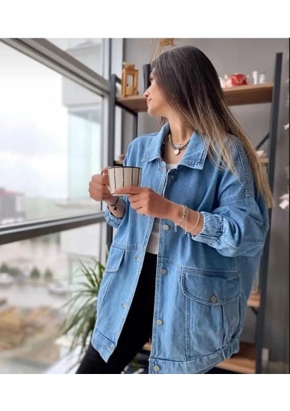 Kadın Oversize Mavi Kot Ceket