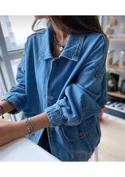 Kadın Oversize Mavi Kot Ceket