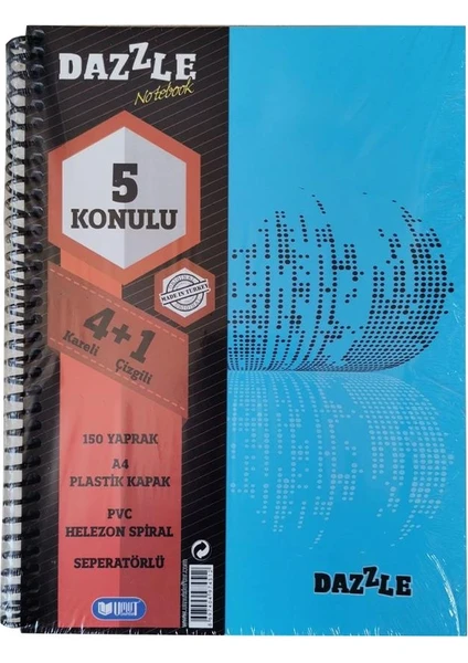 4+1 Ayraçlı Defter 5 Konulu 150 Yaprak 1 Adet 4 Kareli 1 Çizgili Spralli Plastik Kapak Seperatörlü