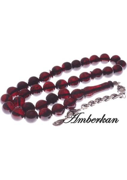 Damla Kehribar 33’lük Gümüş Püsküllü Tesbih – Küre Kesim – Vişne – 13.2 mm