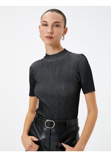 Triko Kazak Kısa Kollu Fitilli Yarım Balıkçı Yaka Slim Fit