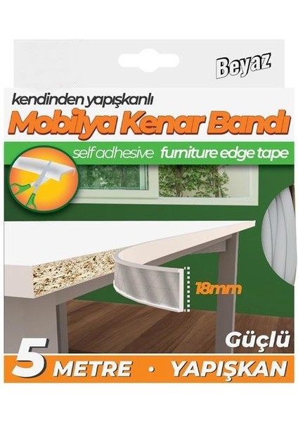 Kendinden Yapışkanlı Masa, Raf, Dolap, Komodin, Mobilya Kenar Bandı 18 mm x 5 Metre-Beyaz