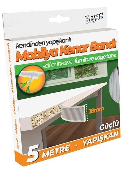 Kendinden Yapışkanlı Masa, Raf, Dolap, Komodin, Mobilya Kenar Bandı 18 mm x 5 Metre-Beyaz
