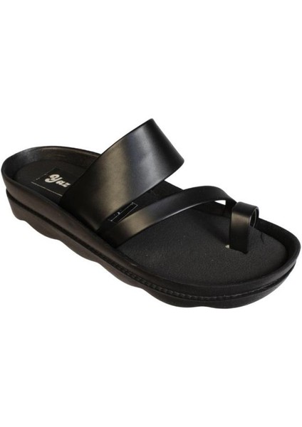 Yazkış Kadın Siyah Cilt Parmak Geçkili Üzeri Şeritli Terlik