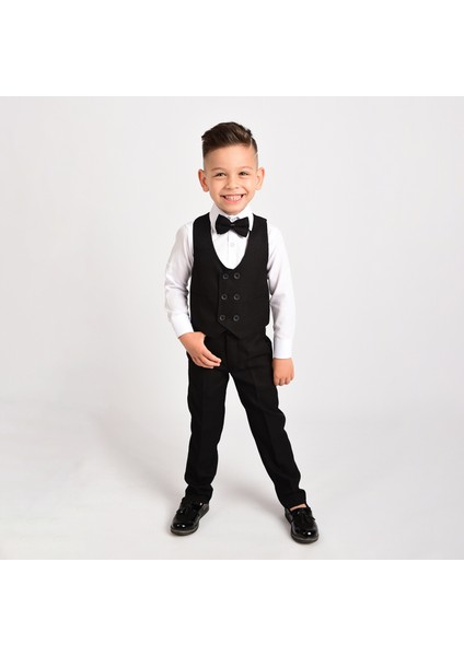 Erkek Çocuk Smokin Takım Elbise Yelekli Papyonlu