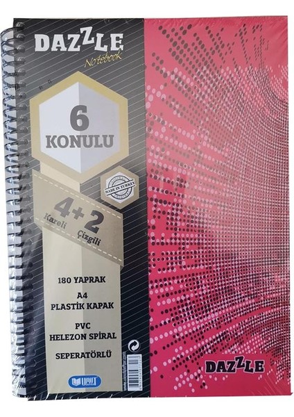 4+2 Ayraçlı Defter 6 Konulu 180 Yaprak 1 Adet 4 Kareli 2 Çizgili Spralli Plastik Kapak Seperatörlü