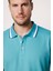 Erkek Polo Yaka Slim Fit Yaka ve Kol Şeritli Pike Turkuaz Tişört 3