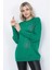 Kadın Triko Kazak Bisiklet Yaka Yaprak Desenli Kolu Taşlı Oversize Yeşil 1