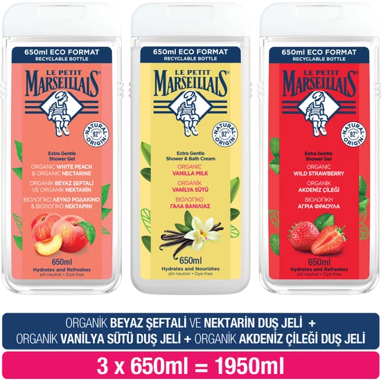 Le Petit Marseillais Beyaz Şeftali ve Nektarin 650 ml + Vanilya Sütü 650 ml +Akdeniz Çileği Duş Jeli