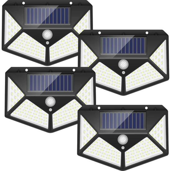 Robeve Geniş Açılı Solar LED 100 LED 3 Modlu Harekete Duyarlı Güneş Enerjili Solar LED Suya Dayanıklı Solar Bahçe LED Aydınlatma LED Işık Hareket Sensörlü LED Işık Yüksek Işık Aydınlatma 4 Adet