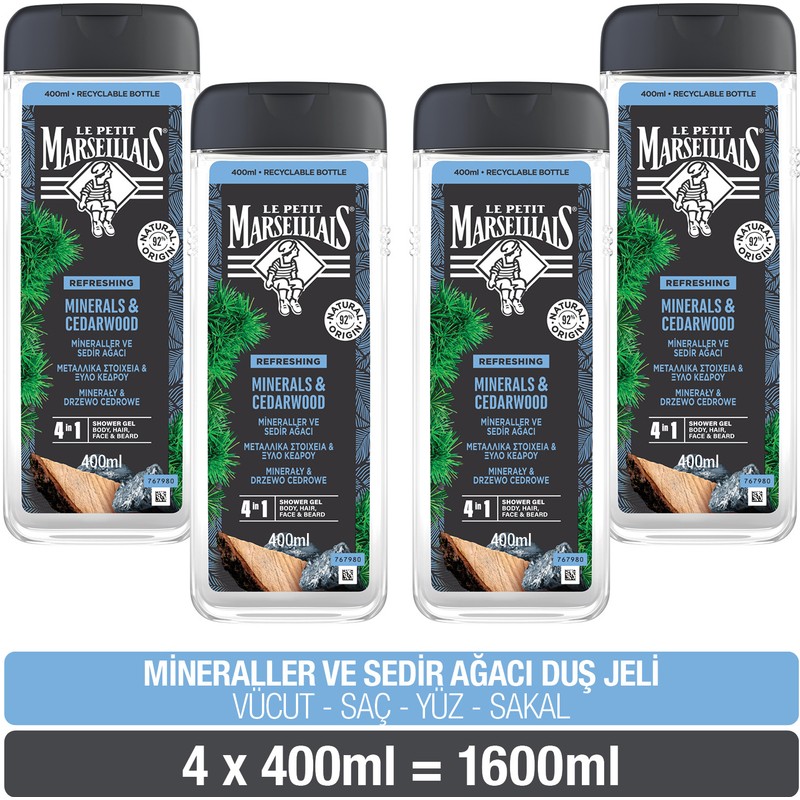 Le Petit Marseillais Mineral ve Sedir Ağacı Duş Jeli 400 ml x4 Ferahlatıcı Etki ile Cilt ve Saç İçin
