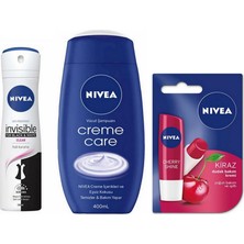 Nivea Creme Care Duş Jeli + Invisible Black&white Deodorant + Nivea Lip Kiraz Dudak Bakım Kremi