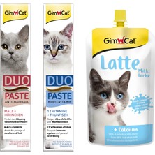 Gimcat Duo Paste Tavuklu Malt Kedi Macunu 50 gr + Tuna Balıklı Vitamin Kedi Macunu 50 gr + Gimcat Milk Latte Calcium Sıvı Kedi Sütü 200 ml ARDA017