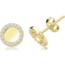 Lilarote Taşlı Plaka Altın Yuvarlak Küpe