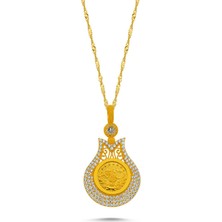Sembol Gold Tuğralı Altın Kolye Singapur Zincirli Lale Tasarım