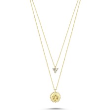 Sembol Gold Altın Cemre Kolye 14K Papatyalı Taşlı Çift Zincirli