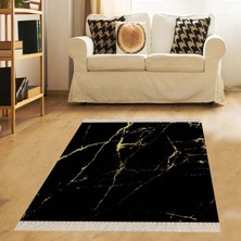Bona Fortuna Mermer Desenli Dijital Baskı Yıkanabilir Kaymaz Taban Düz Salon Halısı ve Yolluk (Siyah)