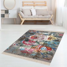 Bona Fortuna Gül Desenli Batik Model Dijital Baskı Yıkanabilir Kaymaz Taban Modern Gri Salon Halısı ve Yolluk