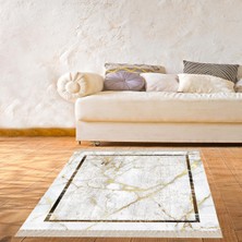 Bona Fortuna Mermer Desenli Gold Şeritli Çerçeveli Dijital Baskı Yıkanabilir Kaymaz Taban Modern Salon Halısı