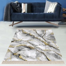 Bona Fortuna Gold Detaylı Gri Mermer Desenli Dijital Baskı Yıkanabilir Kaymaz Taban Salon Halı ve Yolluk