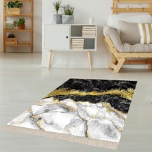 Bona Fortuna Mermer Desenli Gold Şeritli Dijital Baskı Yıkanabilir Kaymaz Taban Modern Salon Halısı