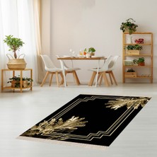 Bona Fortuna Gold Yaprak Desenli Çerçeveli Dijital Baskı Yıkanabilir Düz Salon Halısı ve Yolluk