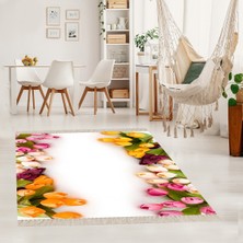 Bona Fortuna Lale Çiçek Desenli Beyaz Dijital Baskı Yıkanabilir Etnik Salon Halı ve Yolluk