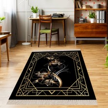 Bona Fortuna Gold Çiçek Desenli Çerçeveli Dijital Baskı Yıkanabilir Kaymaz Taban Salon Halı ve Yolluk