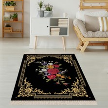 Bona Fortuna Baskı Nakış Gül Desenli Dijital Baskı Yıkanabilir Kaymaz Taban Etnik Kilim Desen Salon Halı