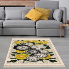 Bona Fortuna Saat ve Çiçek Desenli Etnik Dijital Baskı Yıkanabilir Kaymaz Taban Salon Halı ve Yolluk