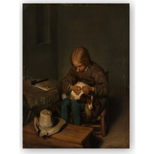 Caka Tablo   Ahşap Tablo Köpeğinin Bitlerini Ayıklayan Çocuk