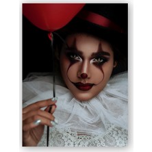 Caka Tablo   Ahşap Tablo Palyaço Makyajlı Kız ve Kırmızı Balon