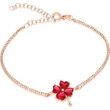 Nereze 925 Ayar Kırmızı Taşlı Yonca Bileklik Kadın Gümüş Bileklik