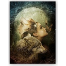 Caka Tablo   Ahşap Tablo Dolunay Kurt ve Kadın