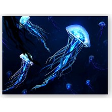 Caka Tablo   Ahşap Tablo Karanlık Sular Neon Denizanaları