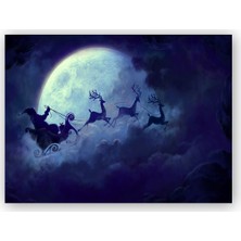 Caka Tablo   Ahşap Tablo Dolunay Bulutlar Geyikler ve Noel Baba