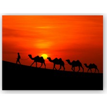 Caka Tablo   Ahşap Tablo Günbatımında Develeri Çeken Adam