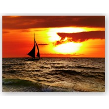Caka Tablo   Ahşap Tablo Günbatımında Yelkenli Silüeti