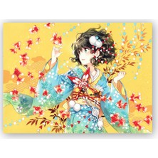 Caka Tablo   Ahşap Tablo Anime Kimonolu Kız ve Japon Balıkları