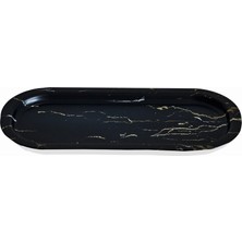 Evle Mermer Desenli 160x350 mm Oval Metal Dekoratif Sunum Tepsisi - Siyah