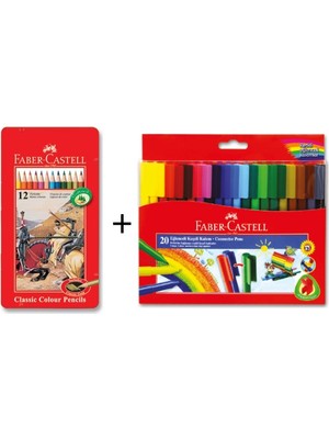Faber-Castell 12'li Metal Kutu Kuru Boya + Faber-Castell 20 Renk Eğlenceli Keçeli Kalem