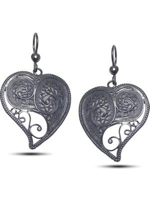 Midyat Nurtaş Gümüş Kalp Model Oksitli Telkari Gümüş Küpe