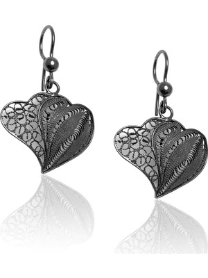 Midyat Nurtaş Gümüş Kalp Model Oksitli Telkari Gümüş Küpe