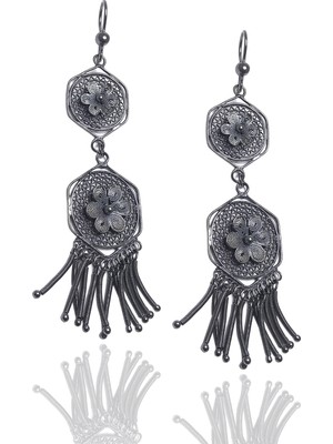 Midyat Nurtaş Gümüş Sallantılı Çiçek Model Oksitli Telkari Gümüş Küpe