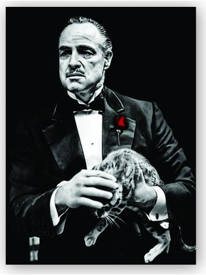 Caka Tablo   Ahşap Tablo Baba Marlon Brando ve Kedisi Siyah Arkaplan